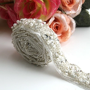Bride glass beaded lace beaded sequin pearl lace trimmings for wedding dressing