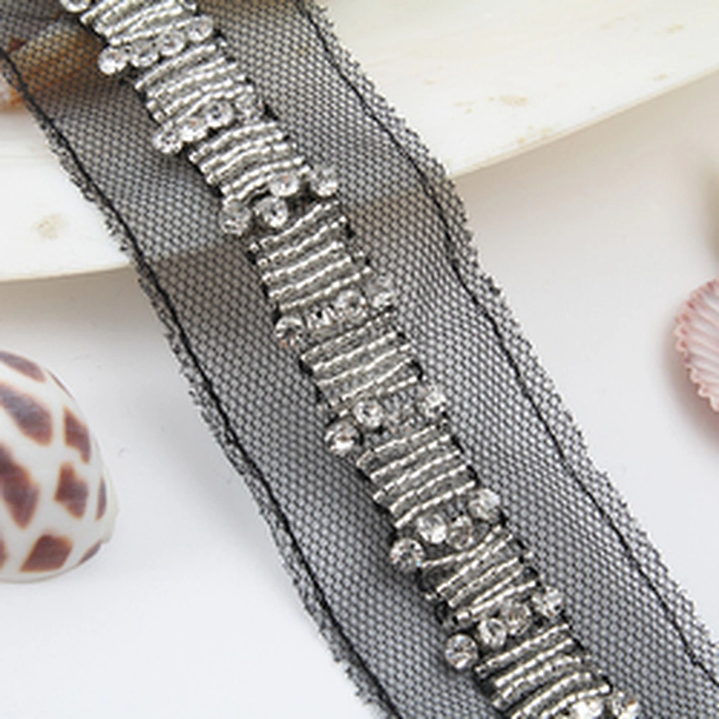 Hand Embroidered kavatar Tulle Trim with Accessories Beads, Crystals & Rhinestones