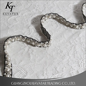 Fashion Beaded Pearls Cross-over Design Lace Trim For Wedding Dress