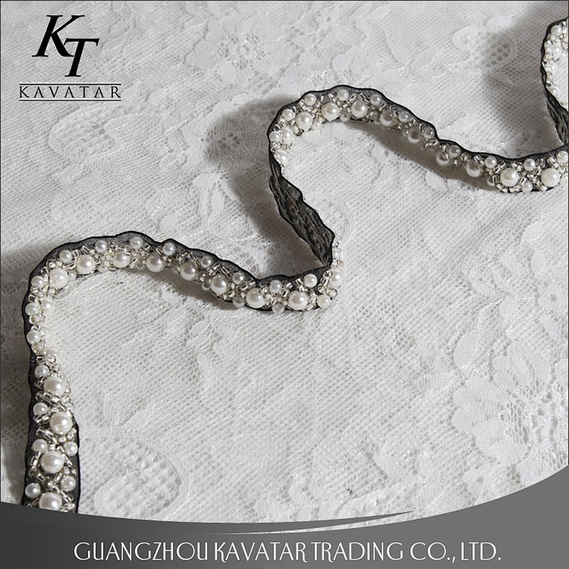 Fashion Beaded Pearls Cross-over Design Lace Trim For Wedding Dress