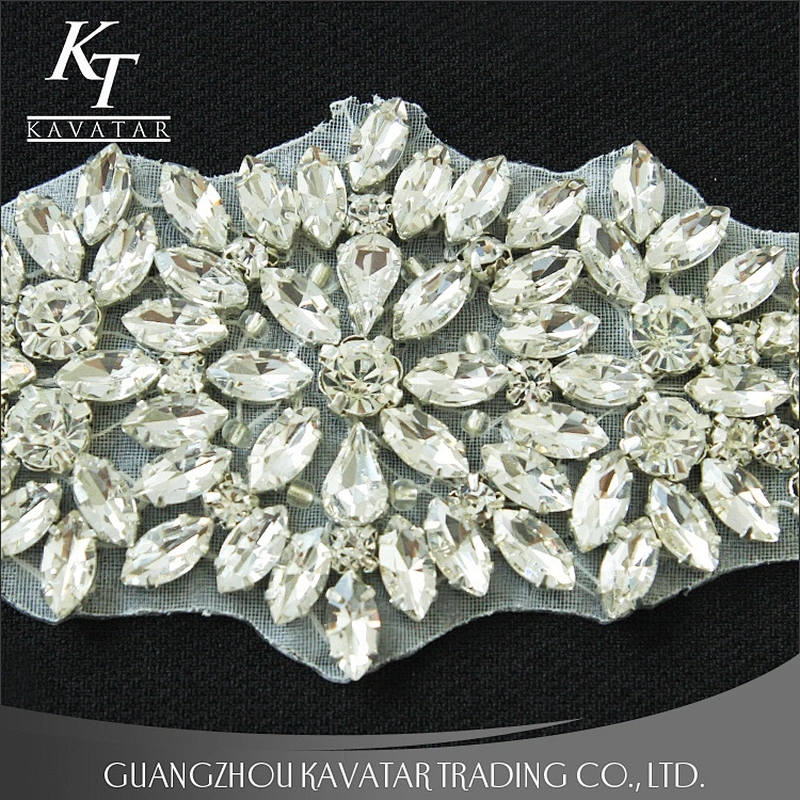 Kavatar Hot Sale Neckline Sew On Fabric  Applique rhinestone  bling Crystal belt for Bridal Dress Accessories