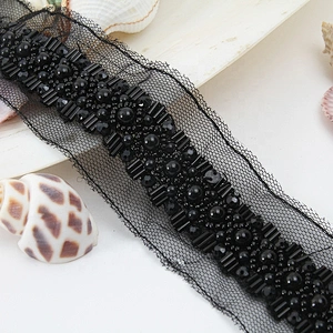 Bugle crystal black bead pearl heavy bead bridal sash  jewelry pearl beading luxury trim