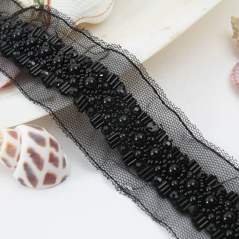 Bugle crystal black bead pearl heavy bead bridal sash  jewelry pearl beading luxury trim