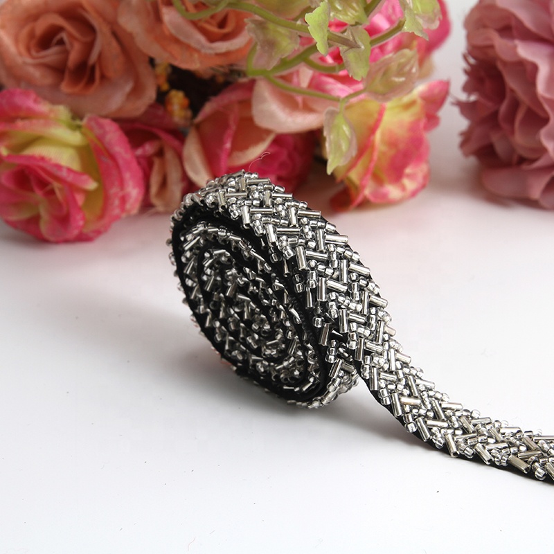 Hot sale sliver crytstal beaded trim mesh rhinestones ribbon fabric DIY wedding lace trim