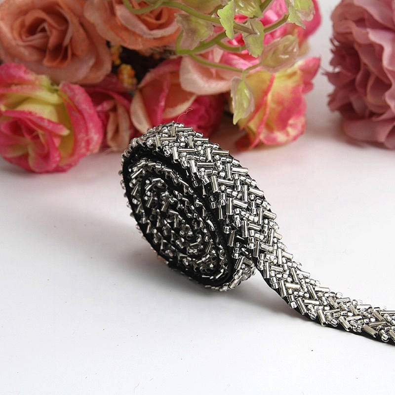 Hot sale sliver crytstal beaded trim mesh rhinestones ribbon fabric DIY wedding lace trim