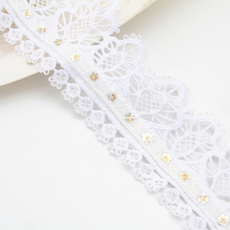 Wholesale sequins Lace Trim Water soluble lace white bridal lace trim Embroidery Sequin Tape For Dress cheap