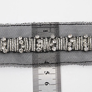 Hand Embroidered kavatar Tulle Trim with Accessories Beads, Crystals & Rhinestones