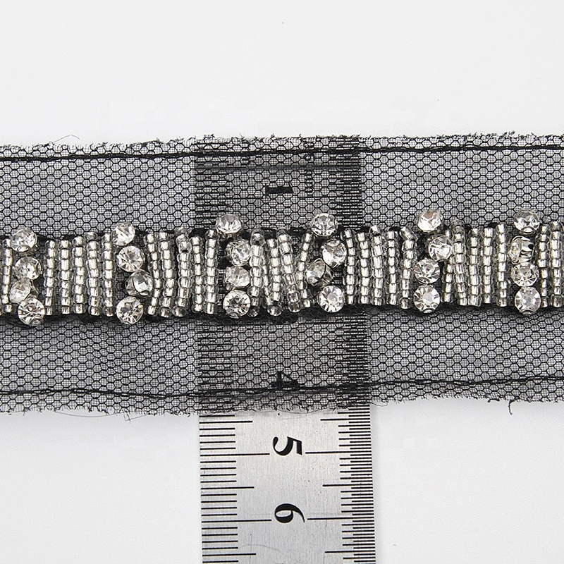 Hand Embroidered kavatar Tulle Trim with Accessories Beads, Crystals & Rhinestones