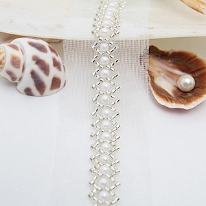 Wholesale Embroidery beaded lace trim 3.8 cm Mesh fabric lace trims beautiful White Accessories for dress 3D wedding Designer