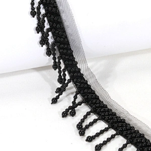 Black 4.5cm Short Plastic Beads Fringe Trim with Mesh Lace Border Backing