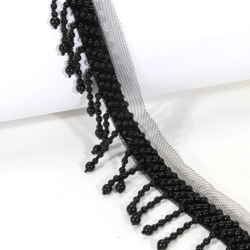 Black 4.5cm Short Plastic Beads Fringe Trim with Mesh Lace Border Backing