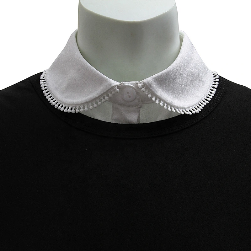 Spring/Summer Korean version of white hollow out with short sleeve vertical stripe lace collar lotus leaf shirt collar false col