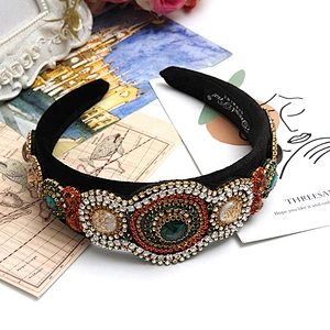 Luxury Velour Decorated bling headbands women Headbands hairband Big hair band Rhinestone  baroque headbands with buttons