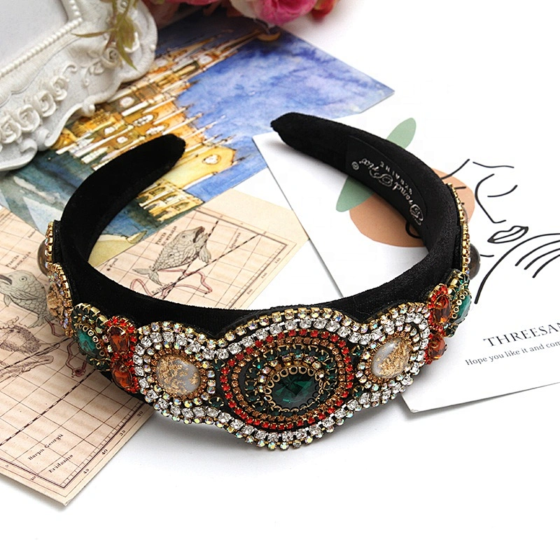 Luxury Velour Decorated bling headbands women Headbands hairband Big hair band Rhinestone  baroque headbands with buttons