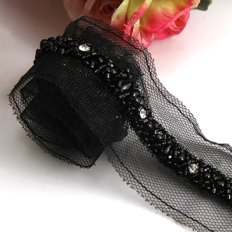 Wholesale black color glass crystal rhinestone lace embroidery beaded chain lace trimming