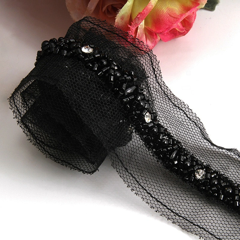 Wholesale black color glass crystal rhinestone lace embroidery beaded chain lace trimming