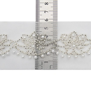 Wholesale Embroidery beaded lace trim 5.7 cm Mesh fabric lace trims beautiful White Accessories for dress 3D wedding Designer