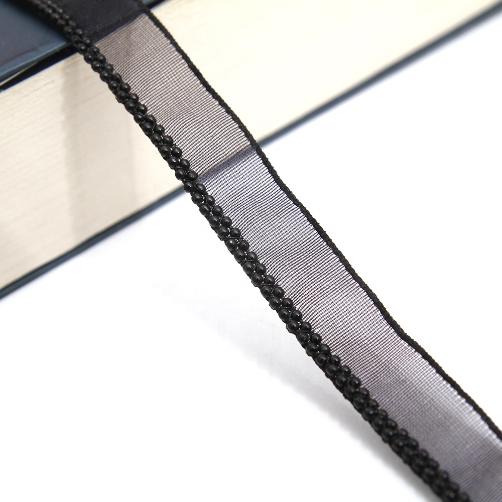 Wholesale Chain lace trim black beaded 1.1 cm Sew-On lace trim Polyester net mesh Lace trimmings for clothes  Accessories