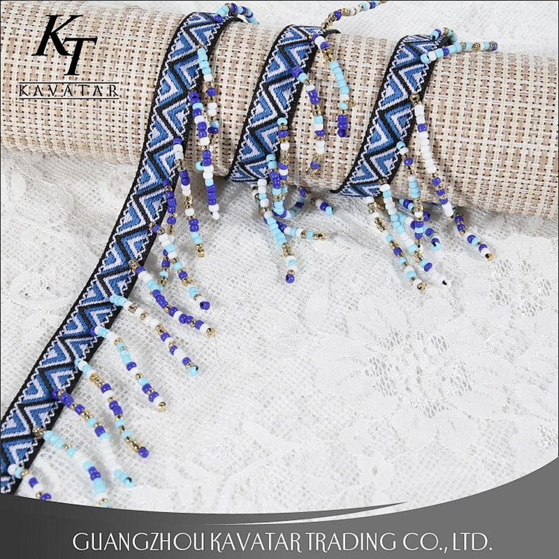 New Style Colorful Beaded Tassel Fringe With Jacquard Tape