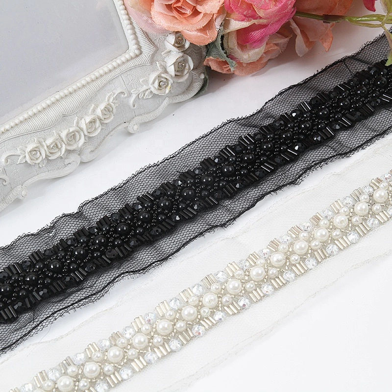 Bugle crystal black bead pearl heavy bead bridal sash  jewelry pearl beading luxury trim