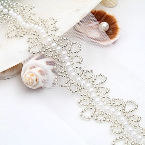 Wholesale Embroidery beaded lace trim 6.5 cm Mesh fabric lace trims beautiful White Accessories for dress 3D wedding Designer