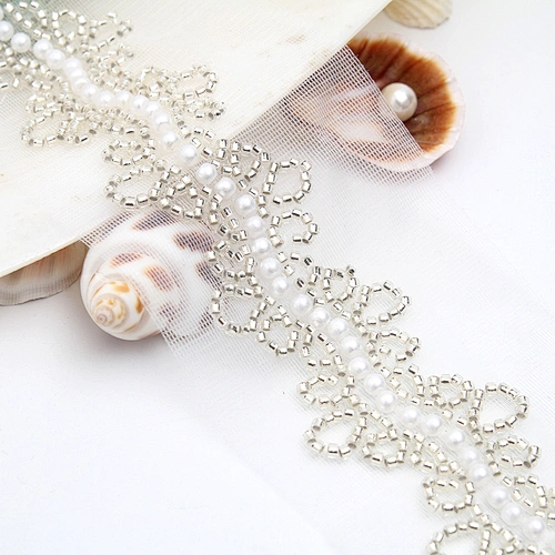 Wholesale Embroidery beaded lace trim 6.5 cm Mesh fabric lace trims beautiful White Accessories for dress 3D wedding Designer