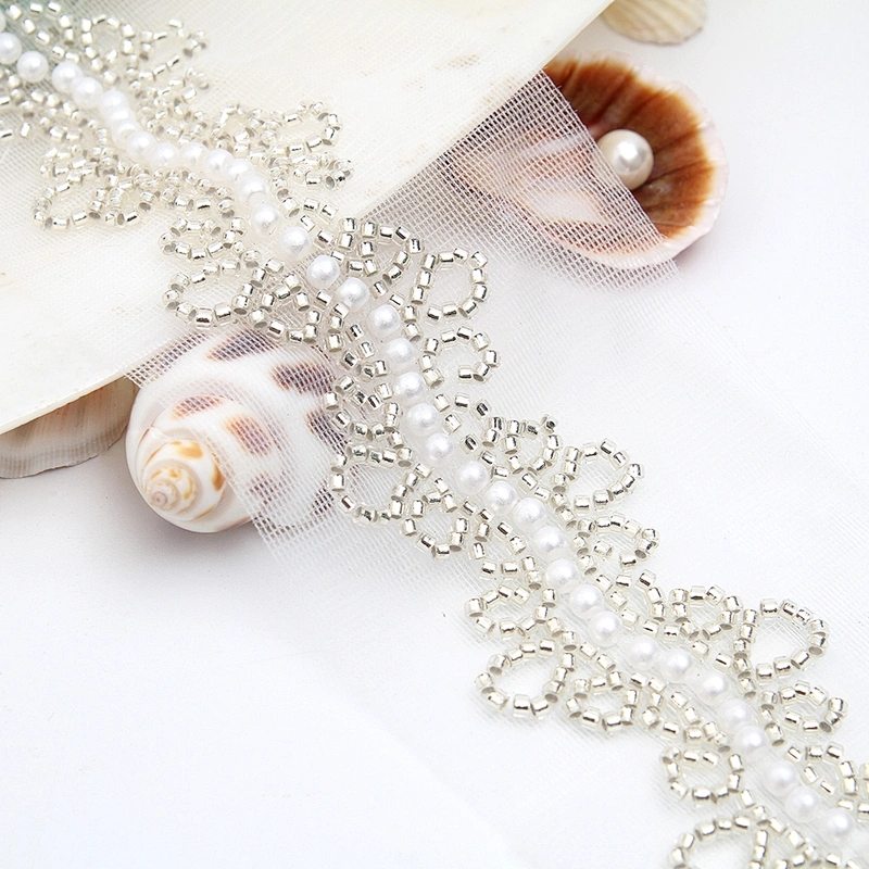 Wholesale Embroidery beaded lace trim 6.5 cm Mesh fabric lace trims beautiful White Accessories for dress 3D wedding Designer
