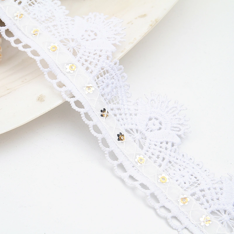 Wholesale sequins Lace Trim Water soluble lace white bridal lace trim Embroidery Sequin Tape For Dress cheap
