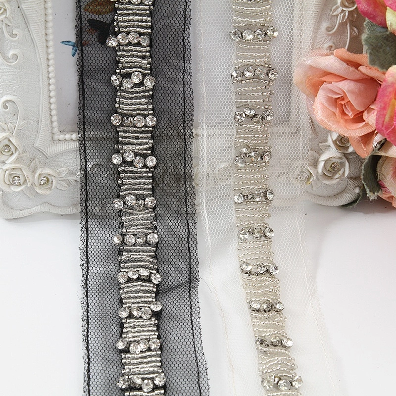 Hand Embroidered kavatar Tulle Trim with Accessories Beads, Crystals & Rhinestones