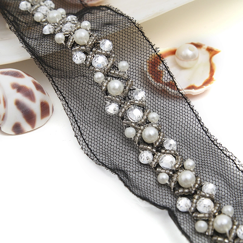 kavatar  wholesale new Handmade Bead lace Embroidered Tulle Trim wedding with Accessories Beads Rhinestones