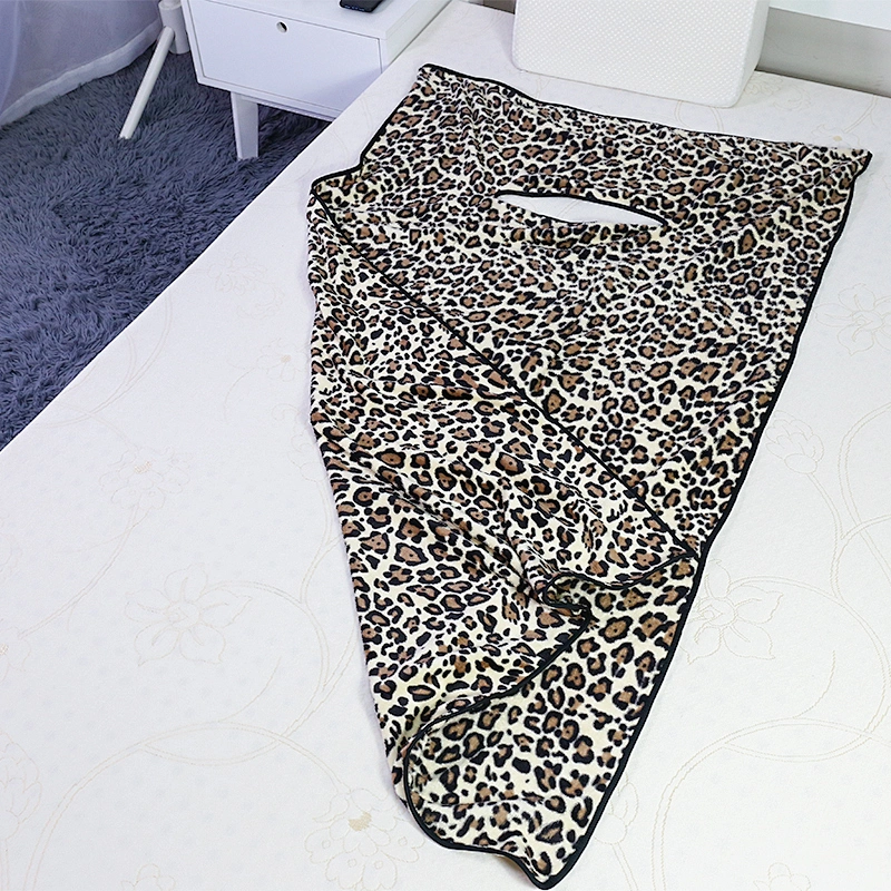 Airplane warm Support Washable Leopard Coral Fleece Travel Blanket With Bag Foldable