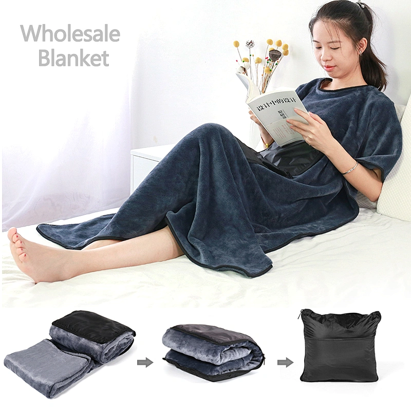 Airplane warm Support Washable Leopard Coral Fleece Travel Blanket With Bag Foldable