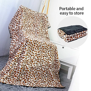 Airplane warm Support Washable Leopard Coral Fleece Travel Blanket With Bag Foldable