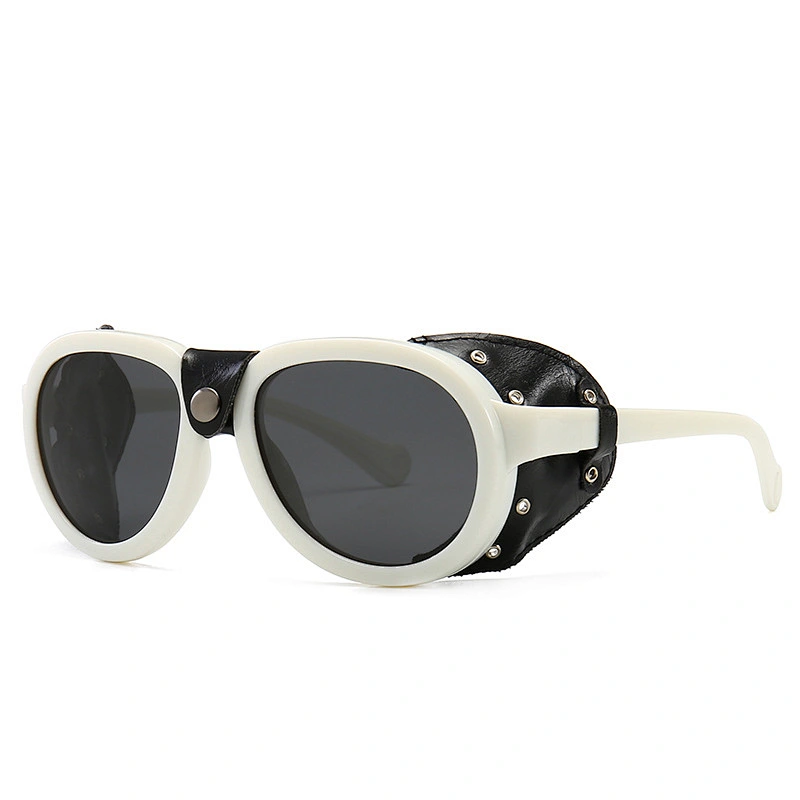 Cross-border hot style steampunk anti-snake leather polarized sunglasses men European and US street shoot round frame sunglasses