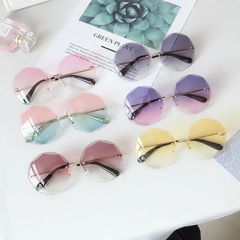2021 newest fashion round rimless gradient sunglasses women men eyewear shade vintage sun glasses wholesale custom goggles