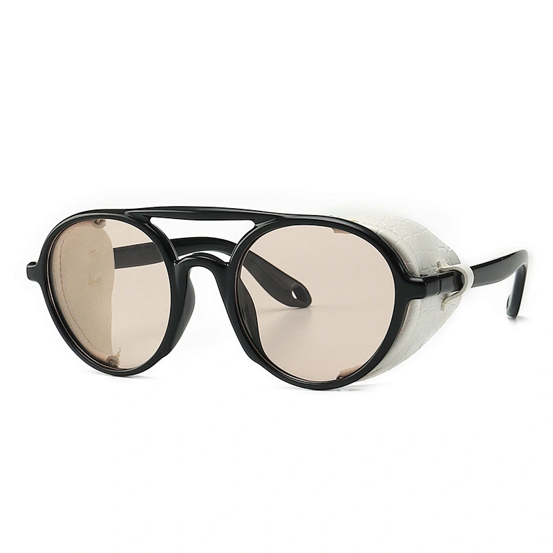 Foreign trade cross-border hot style steampunk anti-snake leather sunglasses men Eu and US street shooting round frame sunglasse