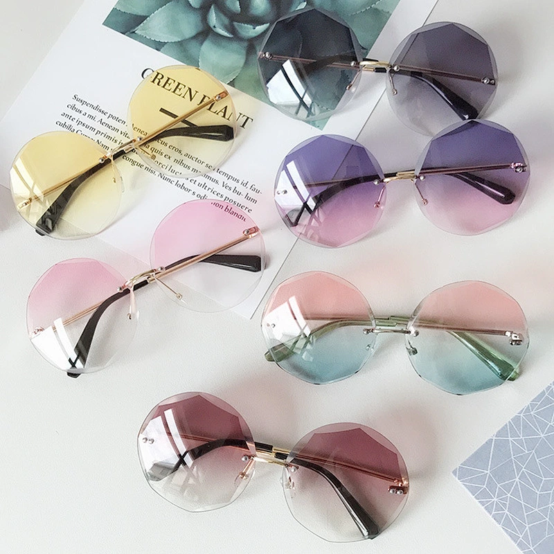 2021 newest fashion round rimless gradient sunglasses women men eyewear shade vintage sun glasses wholesale custom goggles