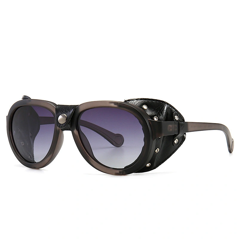 Cross-border hot style steampunk anti-snake leather polarized sunglasses men European and US street shoot round frame sunglasses