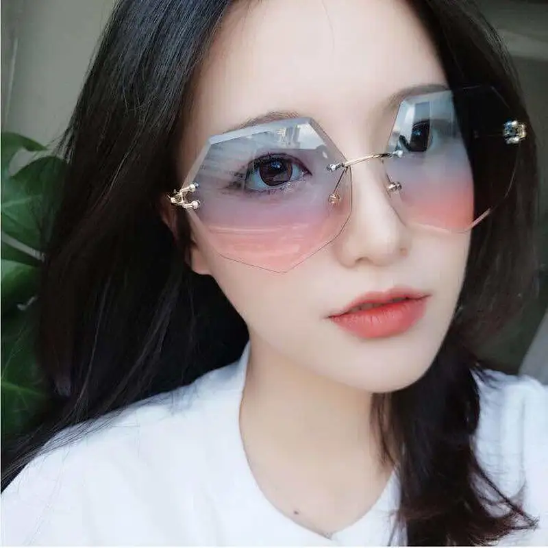 Trendy ladies oversize rimless trimming polygon UV400 sunglasses wholesale women men eyewear shade sun glasses custom goggles