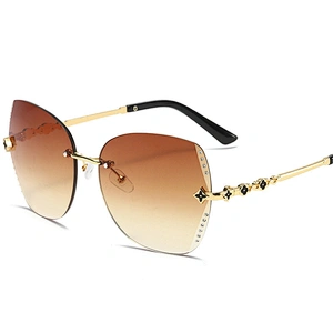 Newest four leaf clover rhinestone rimless trimming UV400 sunglasses women men eyewear shade sun glasses custom goggles