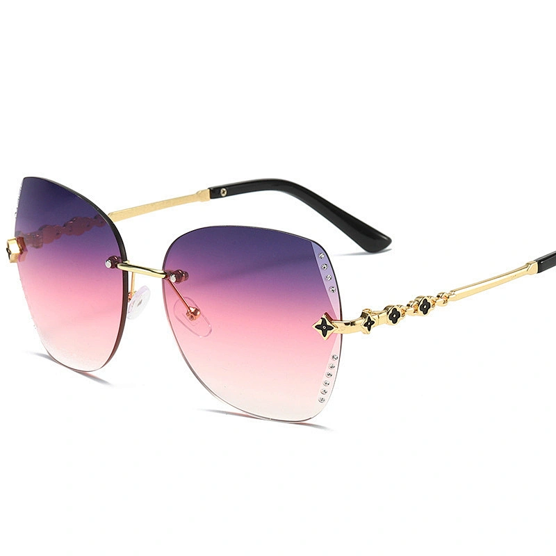 Newest four leaf clover rhinestone rimless trimming UV400 sunglasses women men eyewear shade sun glasses custom goggles