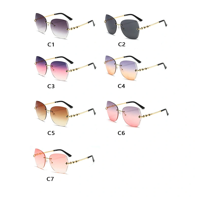 Newest four leaf clover rhinestone rimless trimming UV400 sunglasses women men eyewear shade sun glasses custom goggles