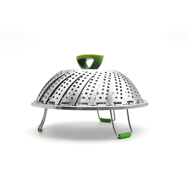 Food Grade Expandable Vegetable Steamer ,Basket Folding Stainless Steel,Silicone Feet Green