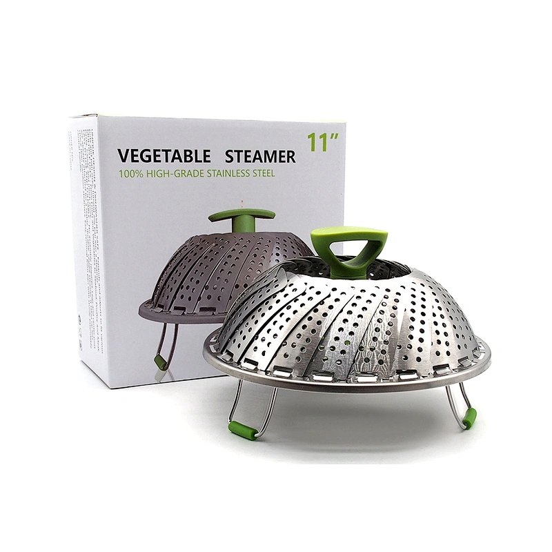 Food Grade Expandable Vegetable Steamer ,Basket Folding Stainless Steel,Silicone Feet Green