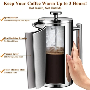 Heat Resistance Double Wall Stainless Steel French Coffee Press Maker / Tea Kettle