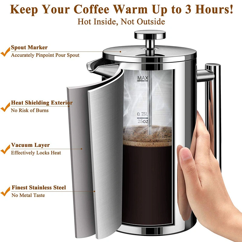 Heat Resistance Double Wall Stainless Steel French Coffee Press Maker / Tea Kettle