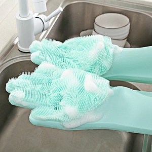 Non Slip Reusable Silicone Dishwashing / Cleaning Gloves For Dish Scrubber