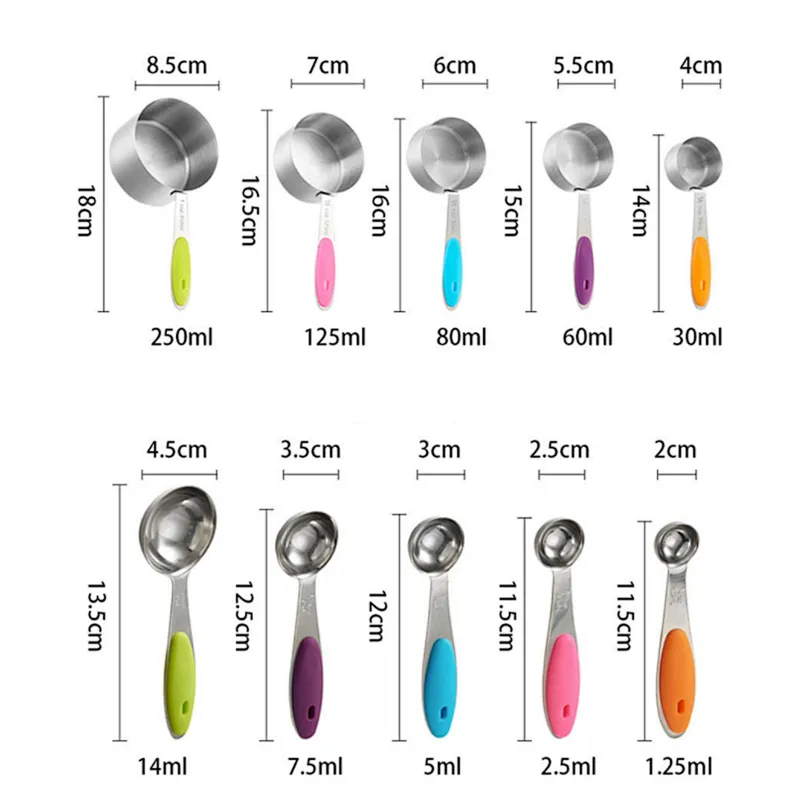 10 PCS Colorful Stainless Steel Measuring Spoons and Cups With Silicone Handle