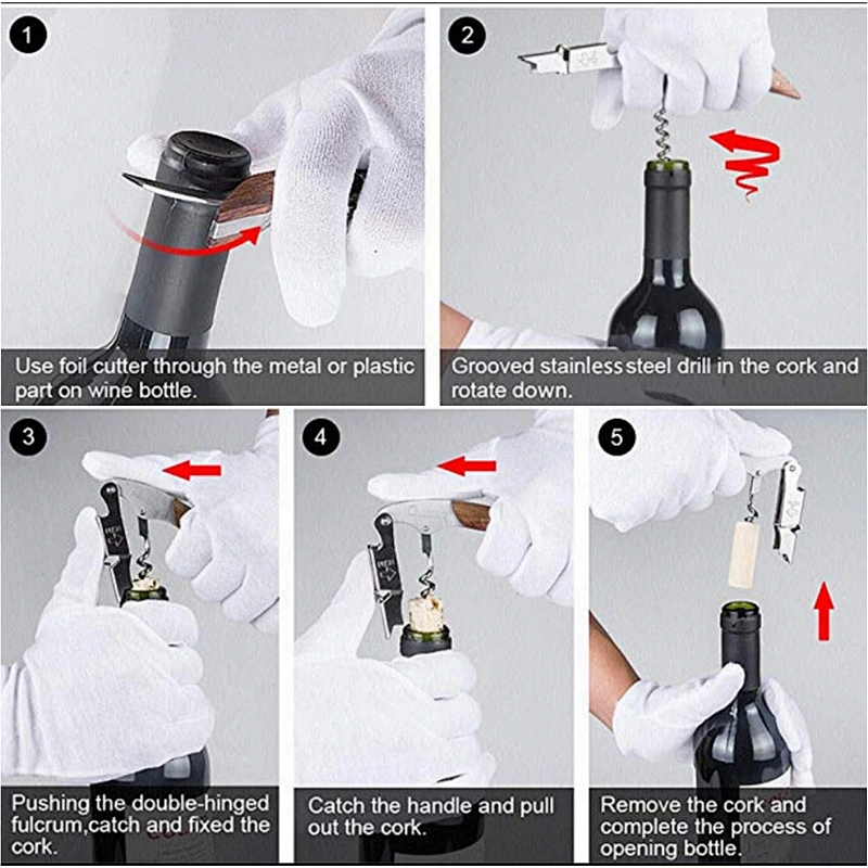 Multifunctional Manual Wood Handle Steel Wine Opener or Corkscrew For Bar