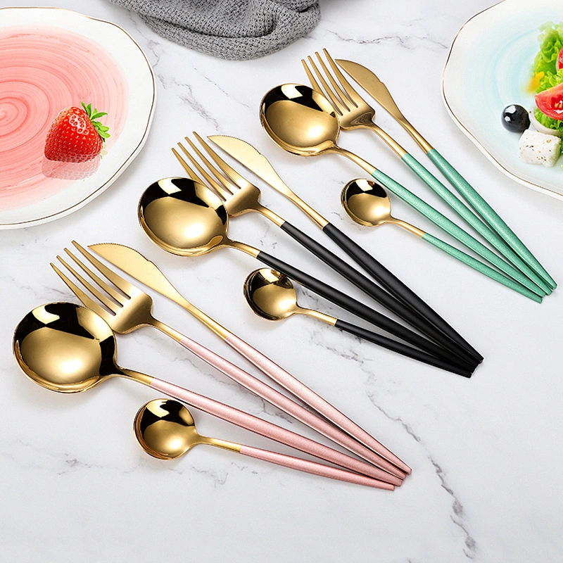 Rose Gold, Black, Blue Paint Stainless Steel Flatware Set, Fork, Knife, Spoon for Dinner
